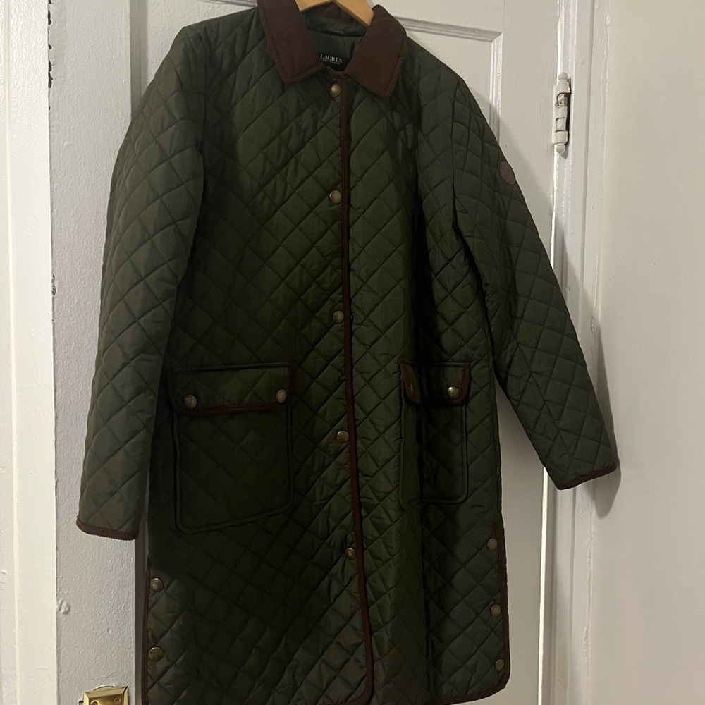Olive Quilted Jacket with Brown Trim